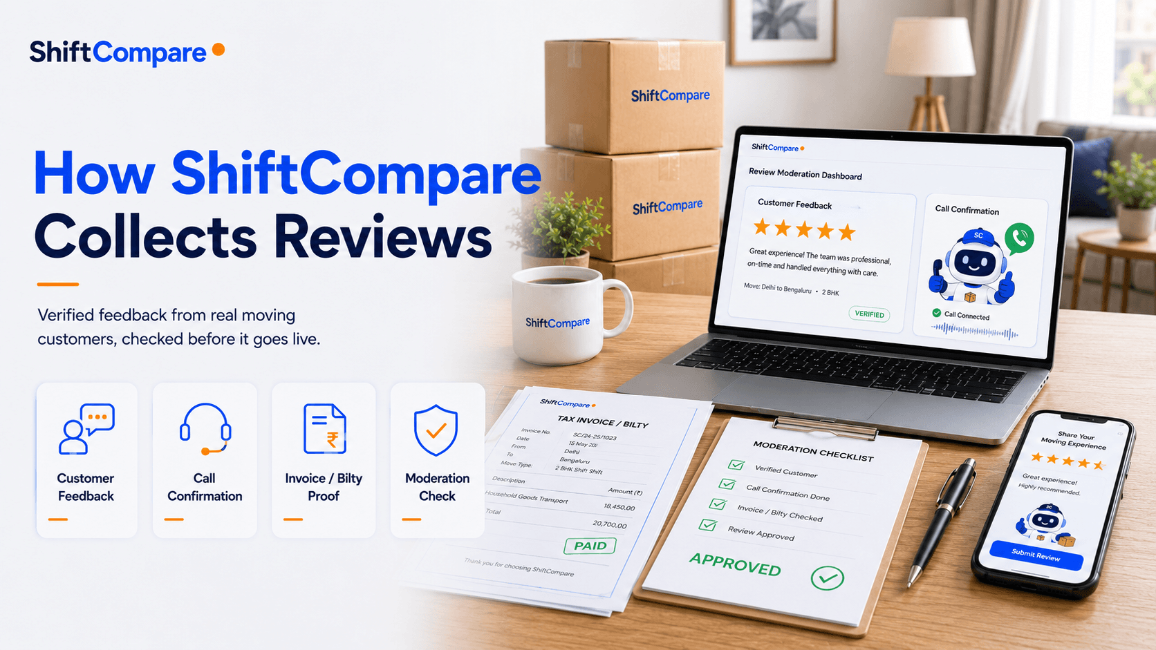 How ShiftCompare collects packers movers reviews using customer feedback and proof checks